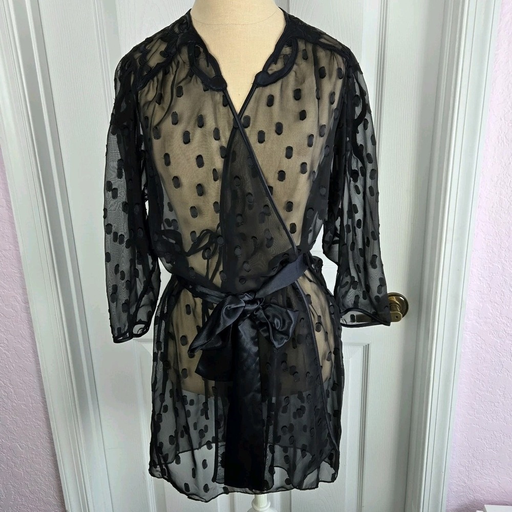 Natori Black Sheer Polka Dot Short Kimono Robe Lingerie Size S Dressing Gown